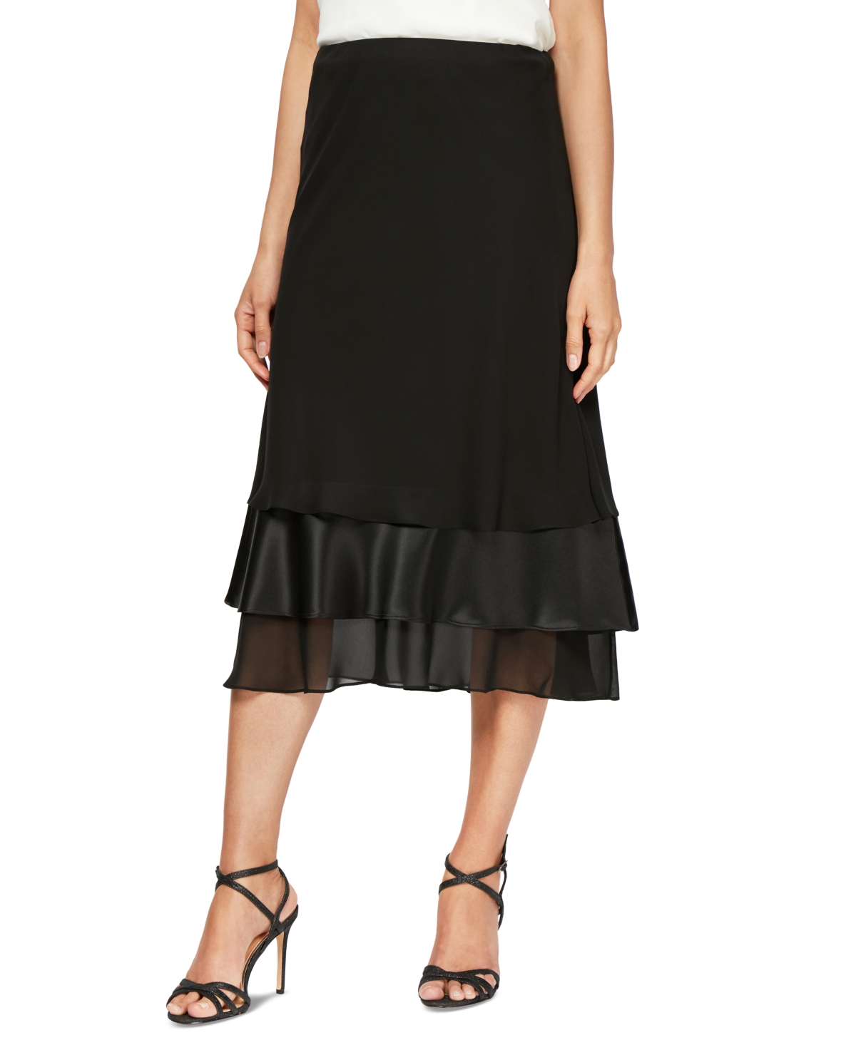 Women's Tiered Satin-Hem Chiffon Skirt - Black