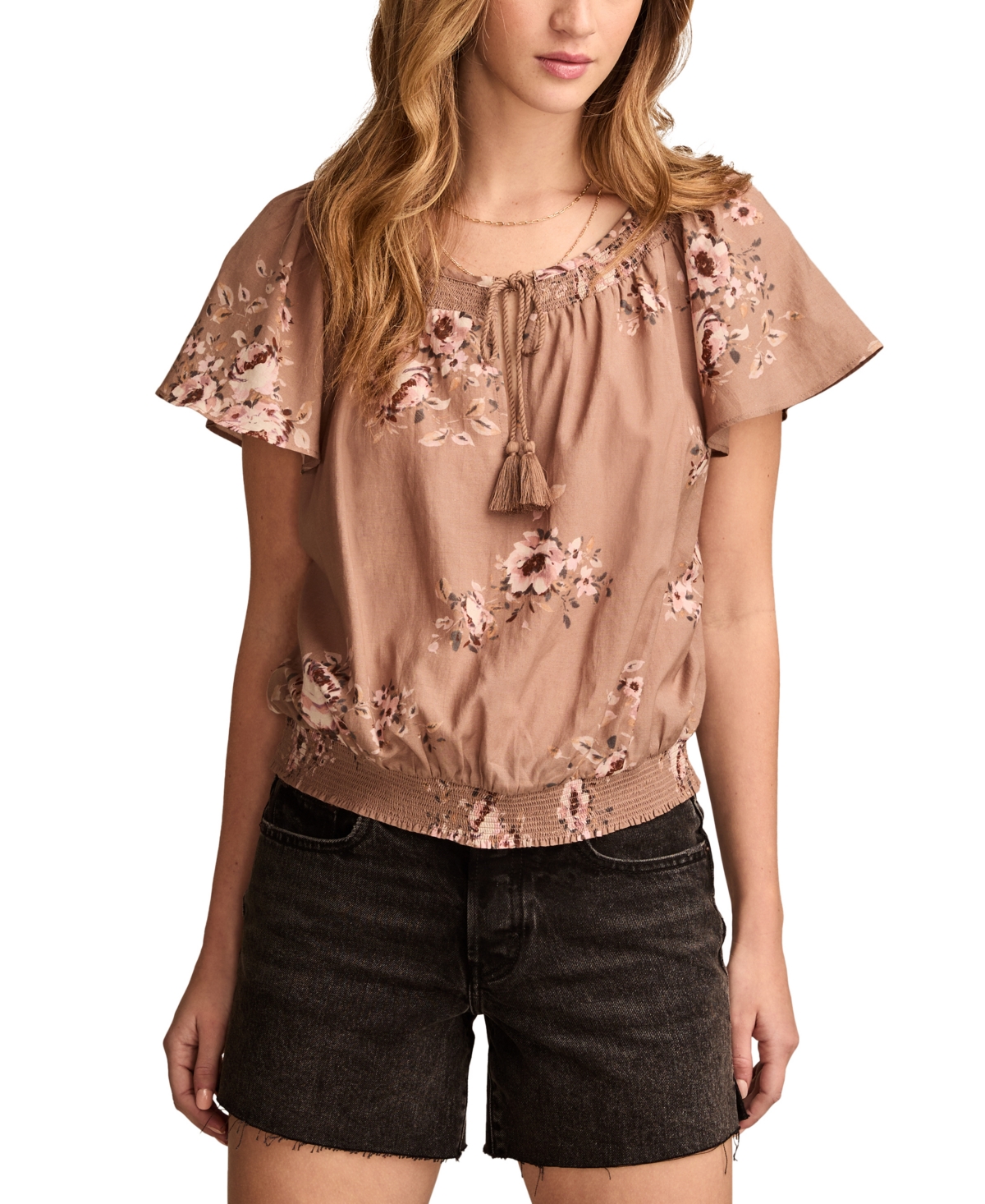 Women's Flutter-Sleeve Tie-Front Top - Taupe Floral
