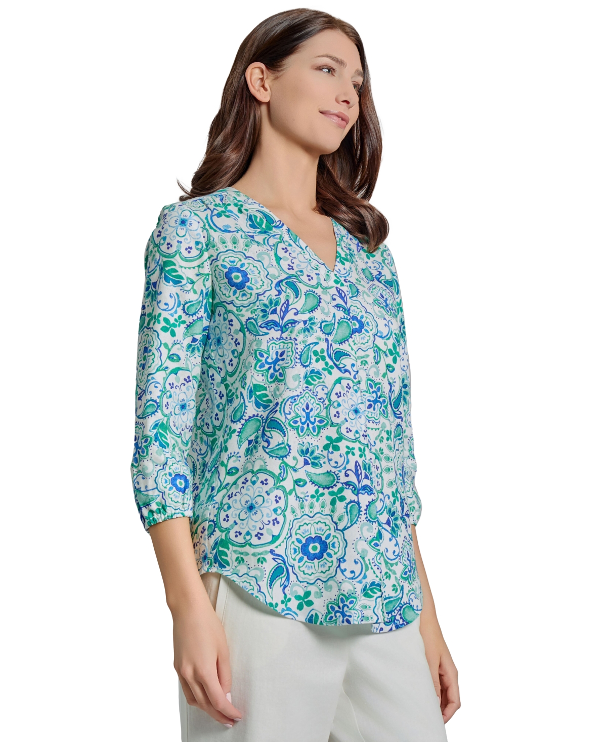 Jones New York Floral Paisley V-neck Linen Blend Tunic In Nyc White Multi