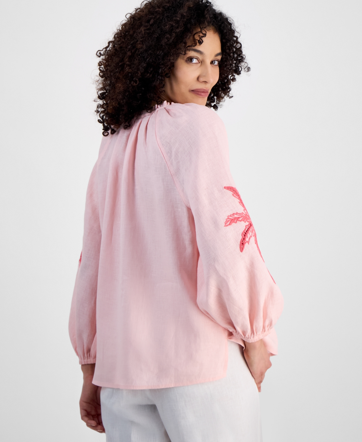 CHARTER CLUB PETITE 100% LINEN TIE-NECK EMBROIDERED-SLEEVE TOP, EXCLUSIVELY AT MACY'S 