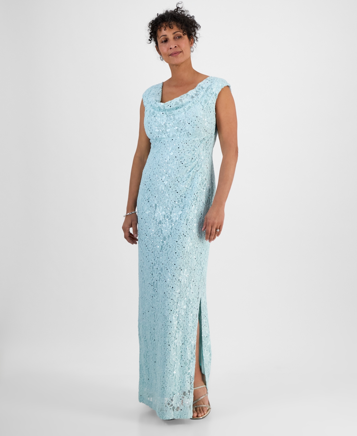 Sequined Lace Cowl-Neck Gown - Black