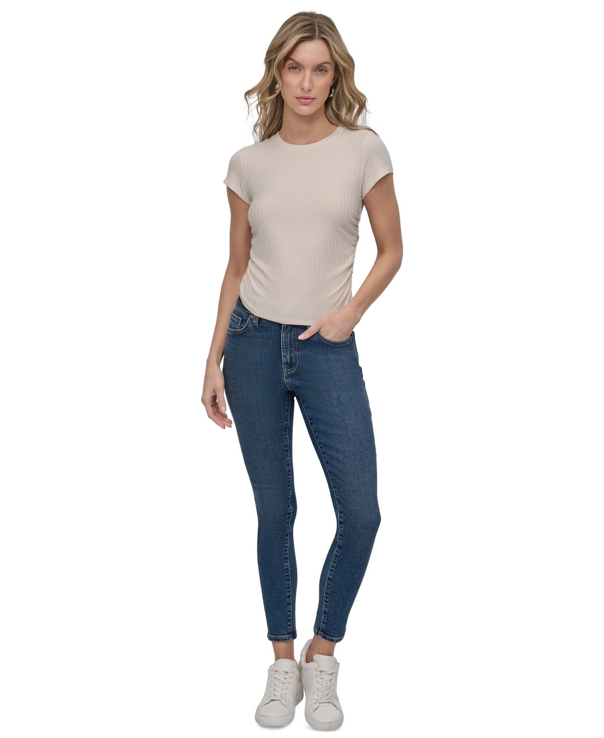 Shop Dkny Jeans Women's Ribbed Cap-sleeve T-shirt In En2 - Egg Nog
