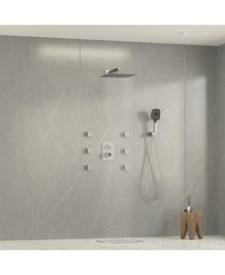 12" Rain Shower System with Body Jets, Wall-Mounted, Handheld, 3-Function Faucet Shower System