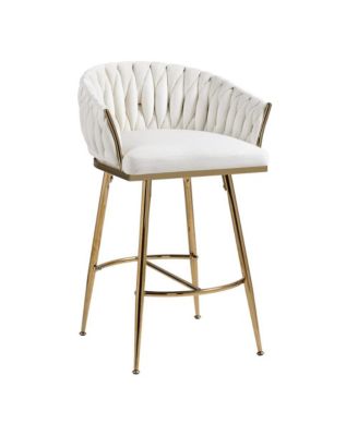 Set of 2 Counter Stools – 26" Velvet Upholstered with Hand-Wave Back, Metal Legs & Footrest