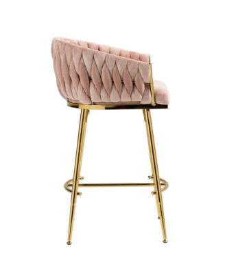 Set of 2 Counter Stools – 26" Velvet Upholstered with Hand-Wave Back, Metal Legs & Footrest