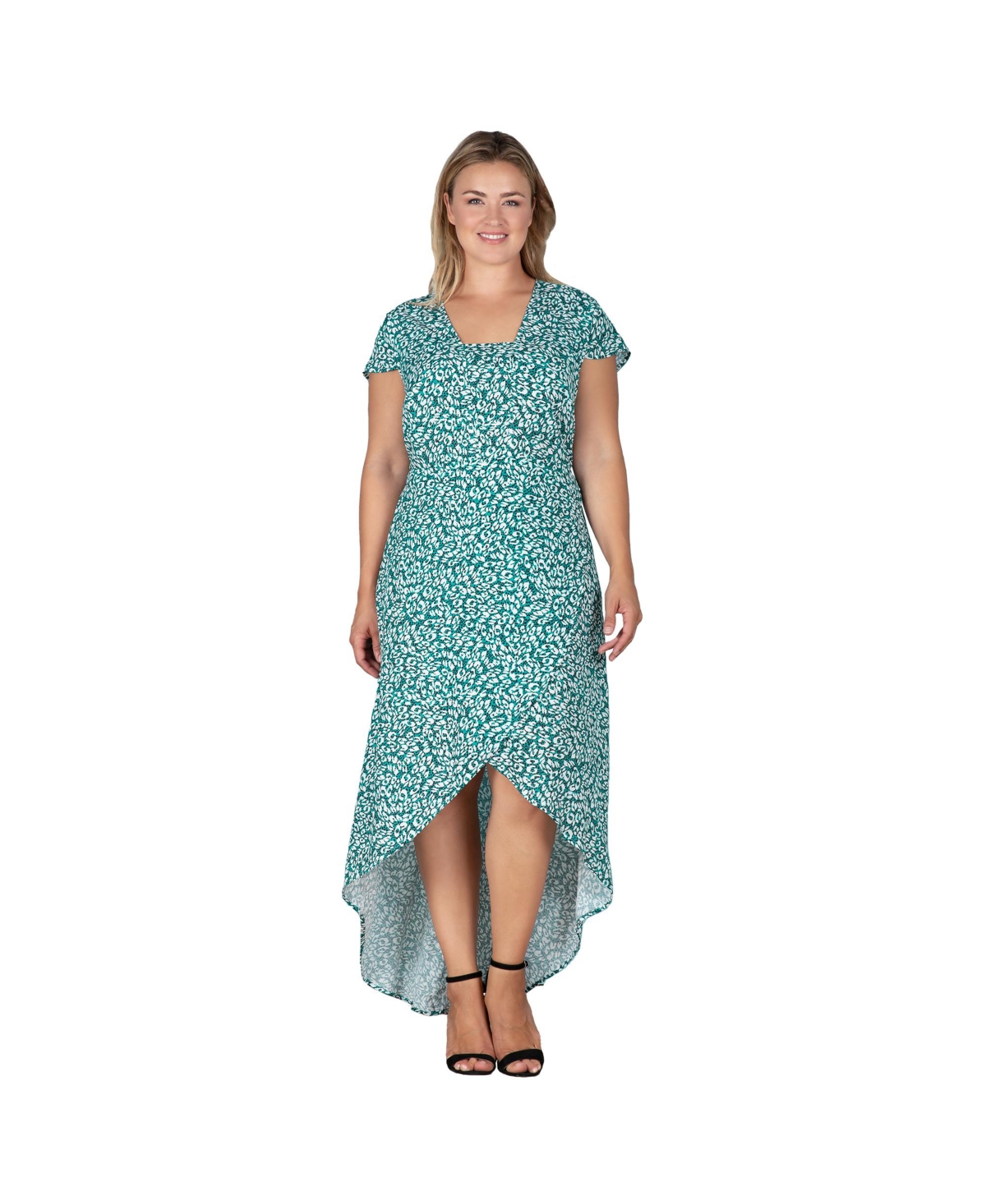 Plus Size Cap Sleeve High-Low Tulip Dress - Green leopard