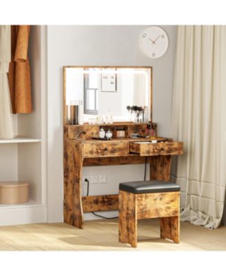 Vanity Desk Set with LED Lighted Mirror & Power Outlet, Makeup Vanity Table with 4 Drawers