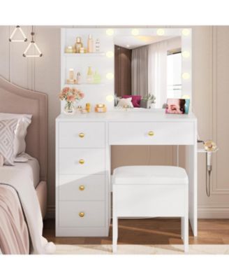 Vanity Desk with Mirror and Lights, Small Makeup Vanity Table with 5 Drawers