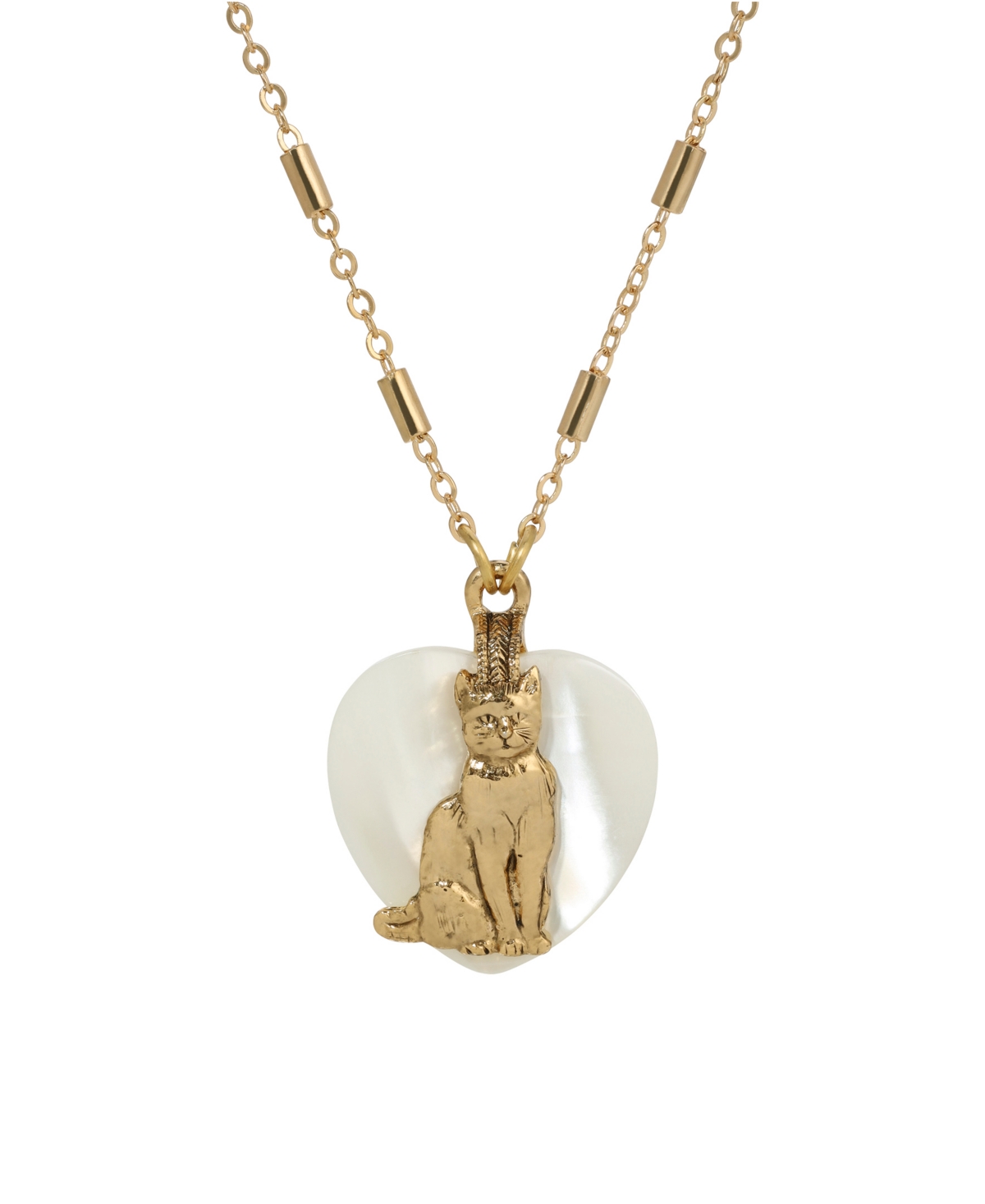 Mop Heart Cat Pendant Necklace - Gold White