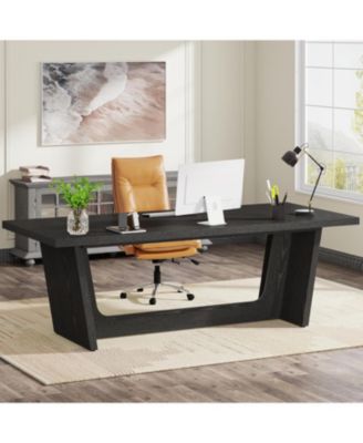 70.87-Inch Executive Computer Desk: Large Home Office Desk with Solid Wooden Pedestal, Industrial Wood Study Writing Table, Brown