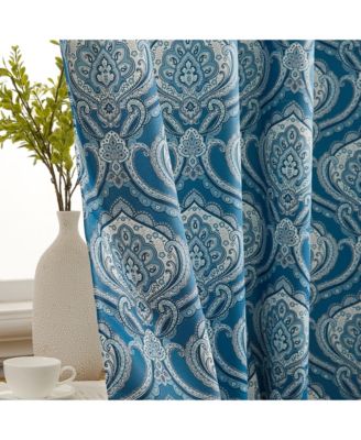 Messina Paisley Damask Patterned Back Tab Rod Pocket Curtains - Light Blocking Darkening Window Panels, Set of 2 (Blue, 52 W x 96 L)