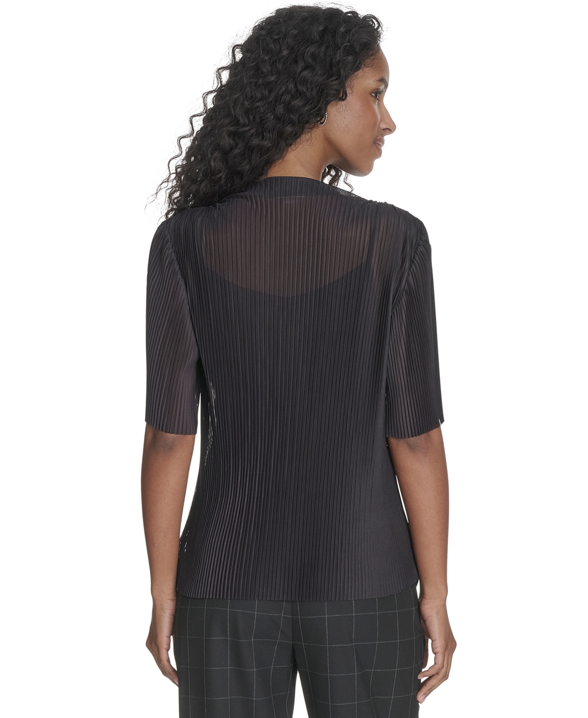 Shop Calvin Klein Women's Mesh Elbow-sleeve High-neck Top In Black