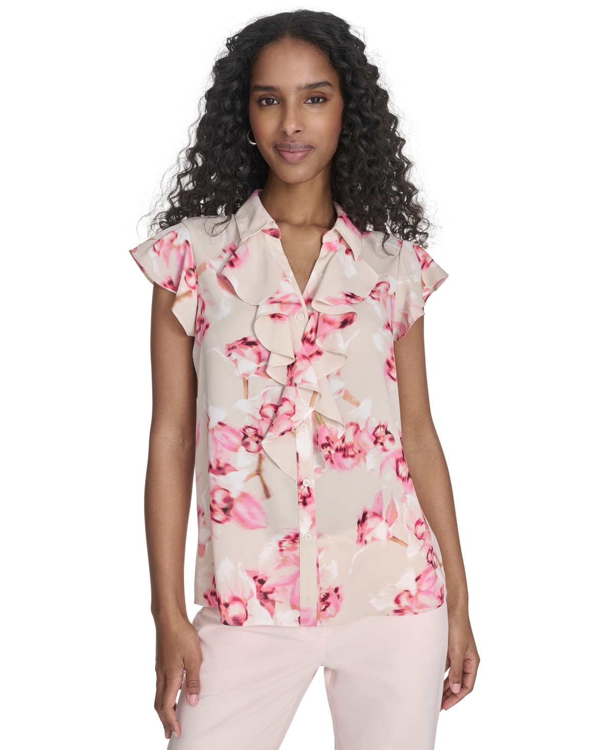 CALVIN KLEIN WOMEN'S PRINTED RUFFLED FLUTTER-SLEEVE BUTTON-FRONT BLOUSE 