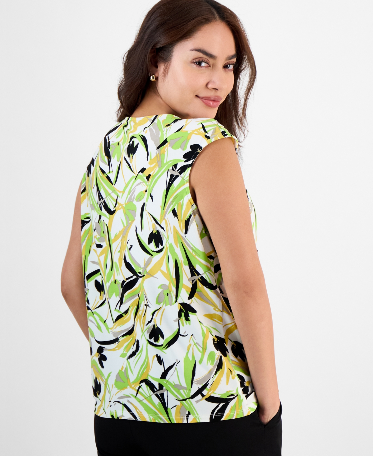Kasper Plus Size Printed Keyhole-neck Sleeveless Top In Lily White Multi