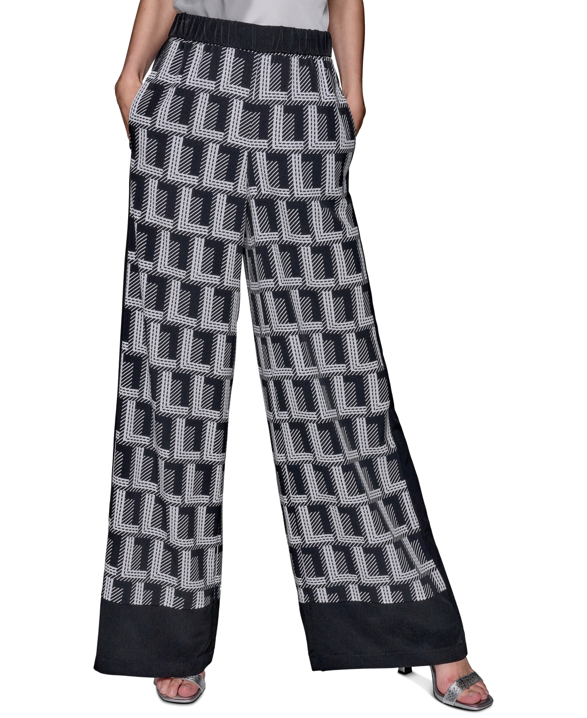 Shop Karl Lagerfeld Women's Geometric-print Wide-leg Pants In Black  Soft White