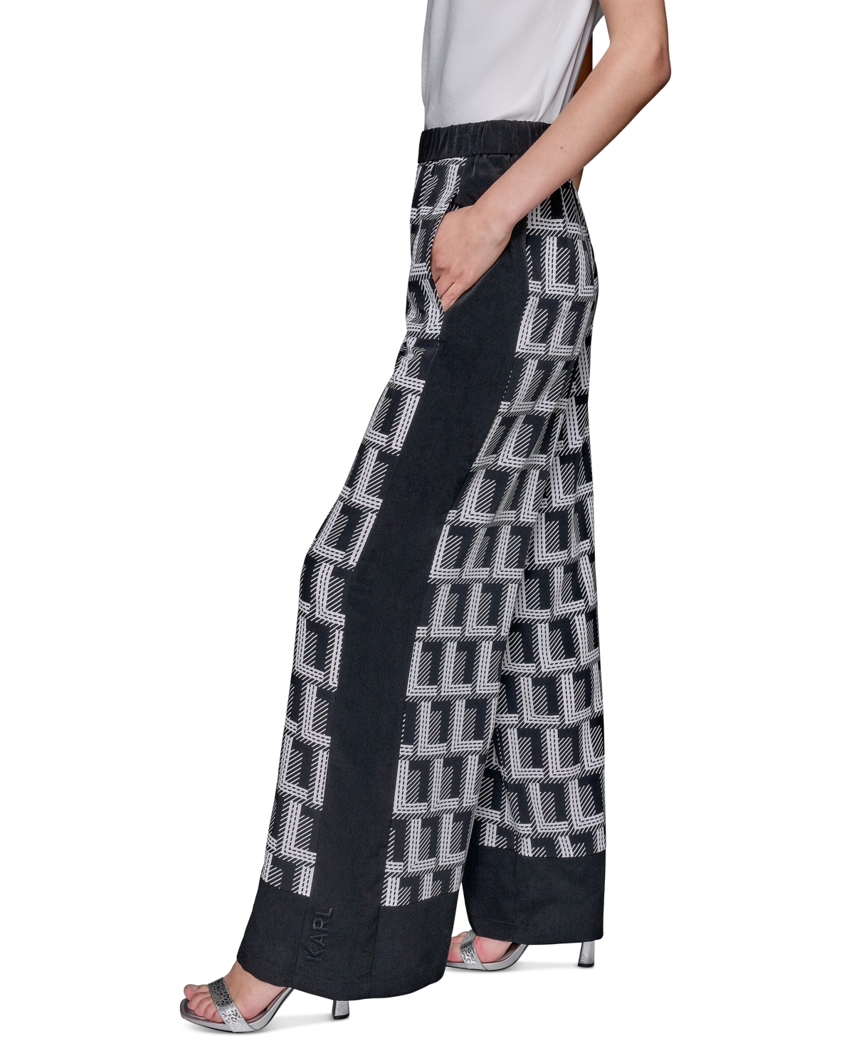 Shop Karl Lagerfeld Women's Geometric-print Wide-leg Pants In Black  Soft White