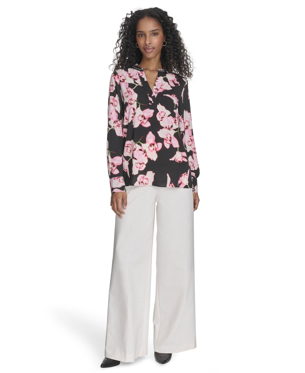 Calvin Klein Women's Printed Split-neck Long-sleeve Shirt In Black Multi