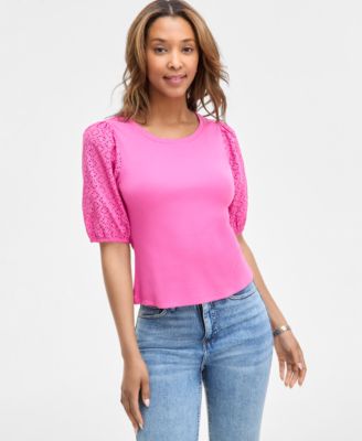 Women's Eyelet-Sleeve Rib-Knit Top, Exclusively at Macy's