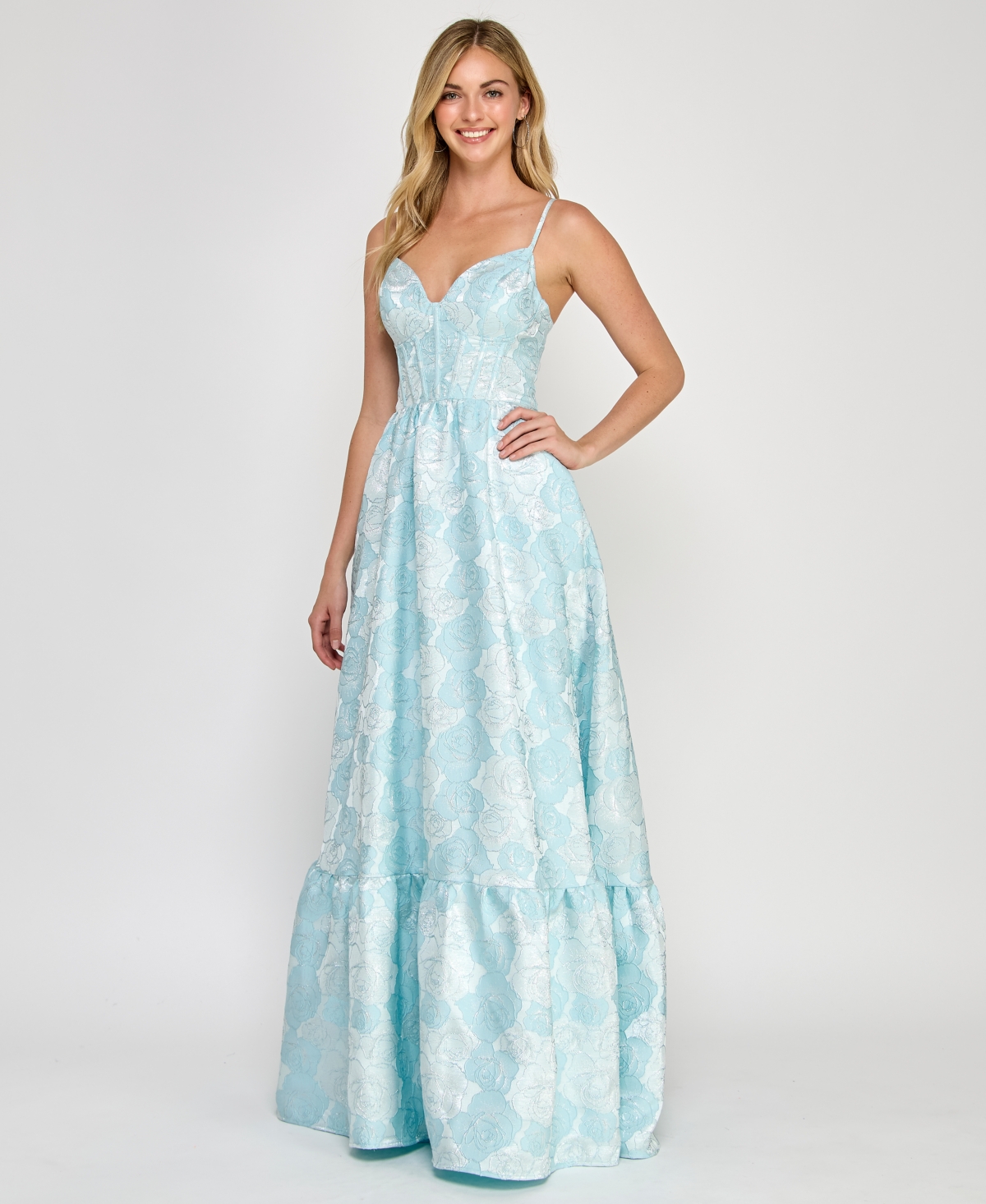 CRYSTAL DOLL JUNIORS' SLEEVELESS BROCADE CORSET GOWN 