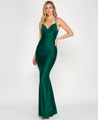 Juniors' Rhinestone-Strap Lace-Up-Back Gown