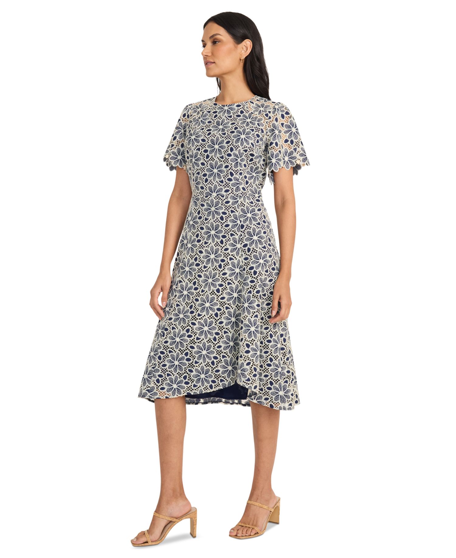 Women's Floral-Lace Short-Sleeve Midi Dress