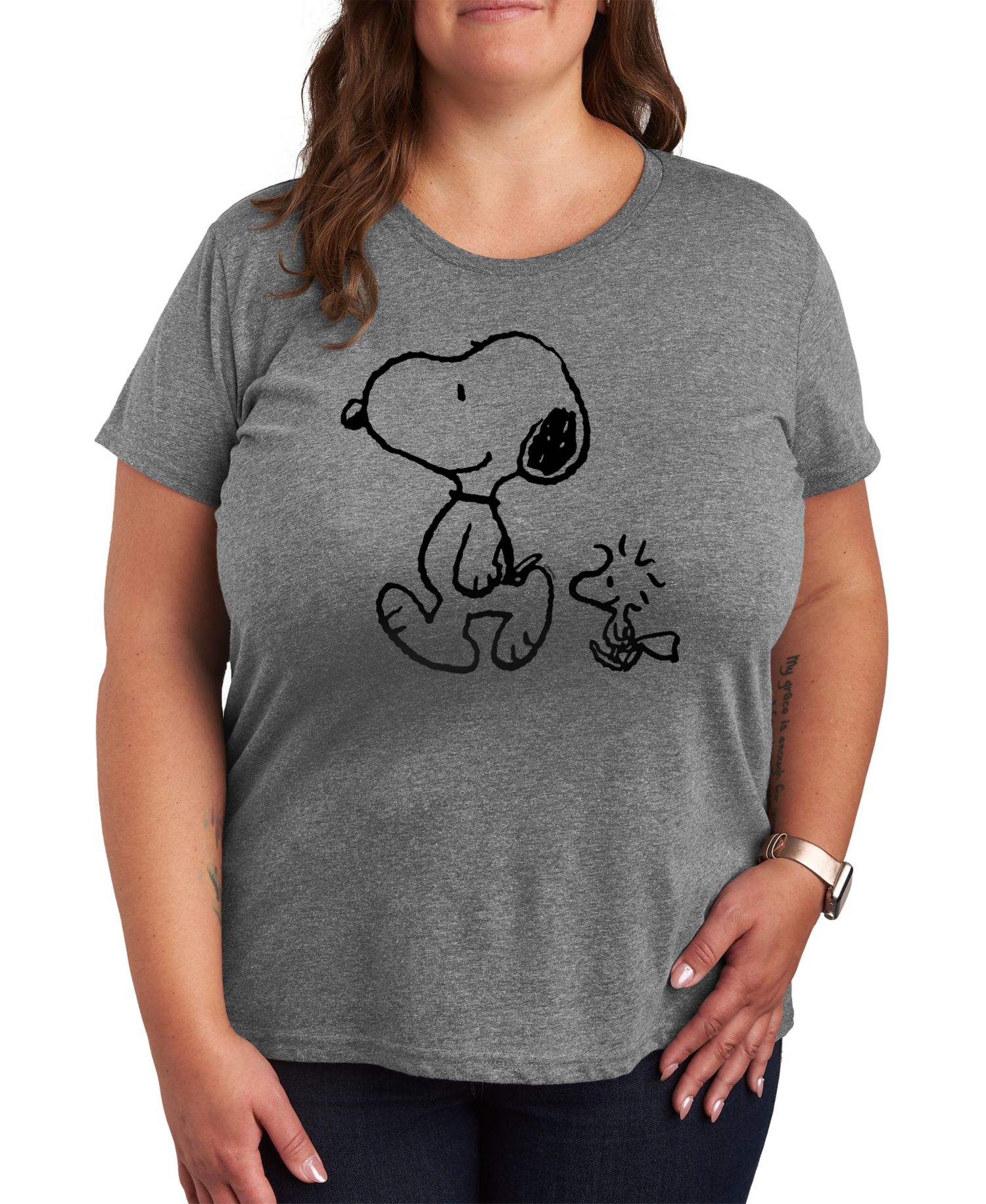 Trendy Plus Size Peanuts Snoopy Woodstock Walk Graphic Crew Neck T-Shirt