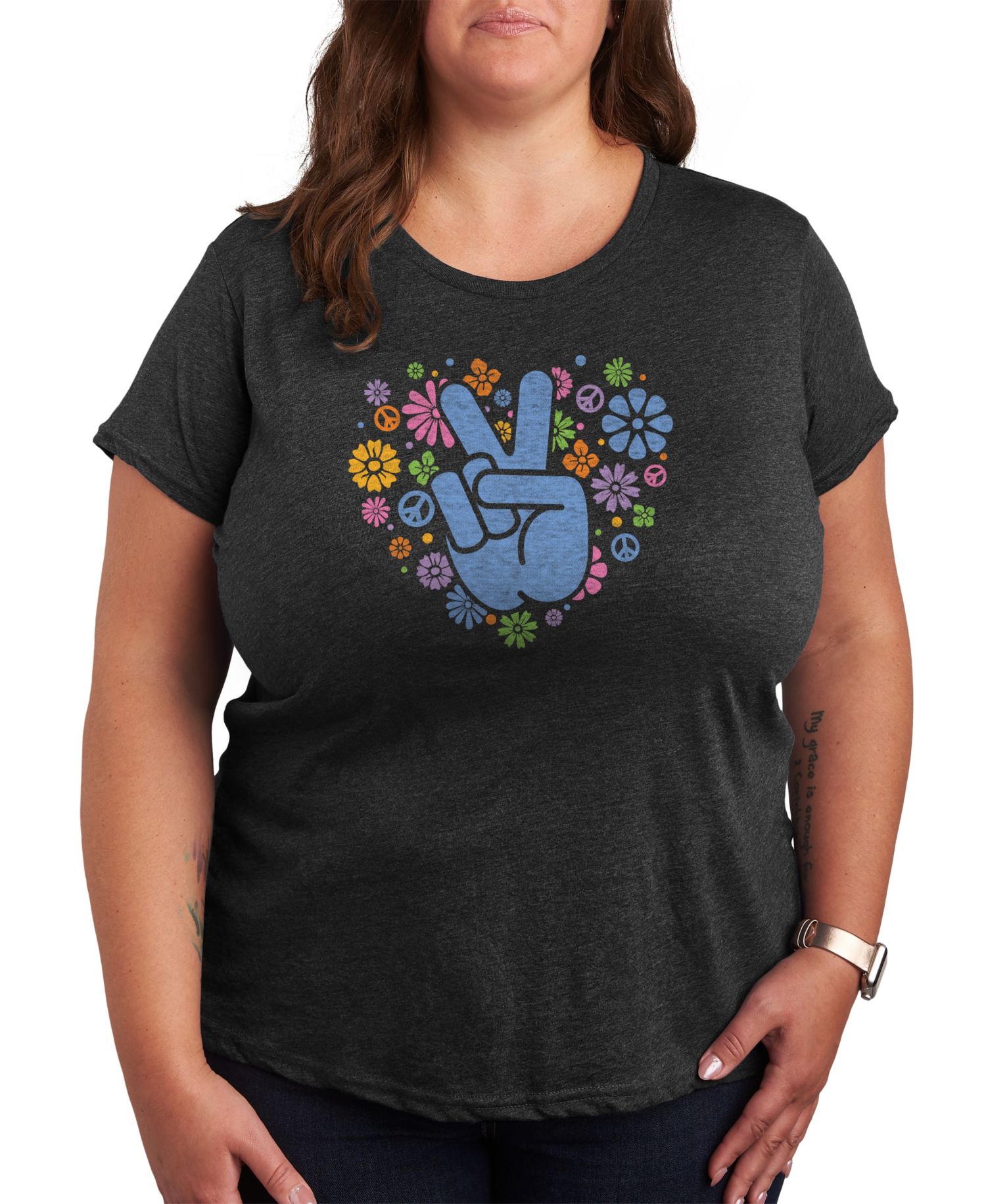 Trendy Plus Size Pastel Peace Sign Size Graphic Crew Neck T-Shirt