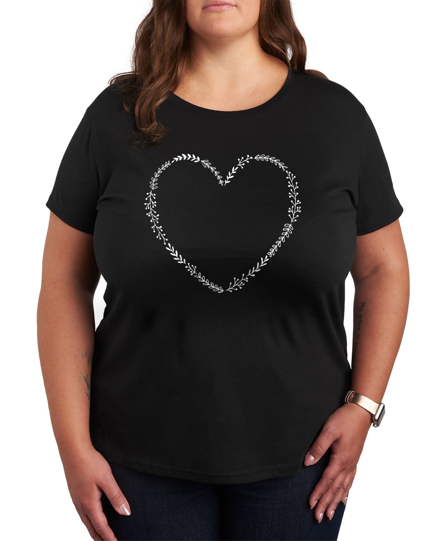 Женская футболка Hybrid Apparel Trendy Plus Size Floral Heart Graphic Crew Neck, цвет: Чёрный — фото 1