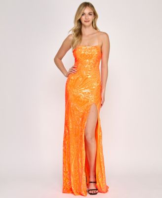 Crystal Doll - Juniors' Sequined Lace-Up-Back Gown