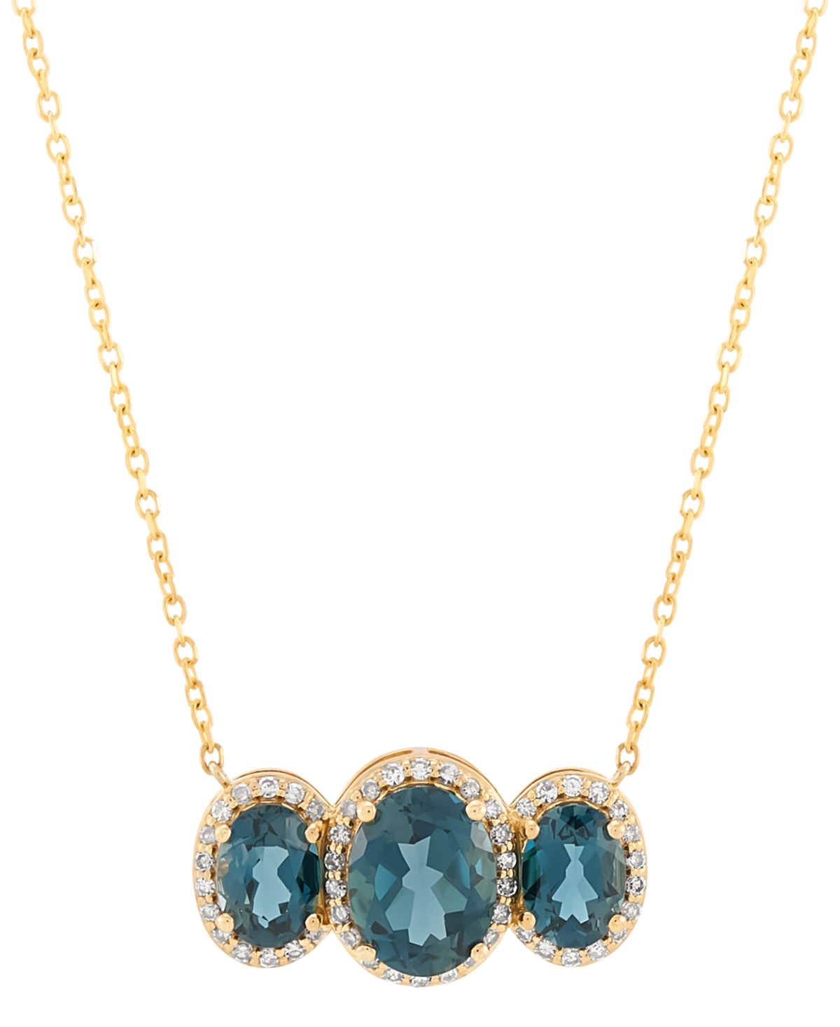 MACY'S LONDON BLUE TOPAZ (4 CT. T.W.) & DIAMOND (1/4 CT. T.W.) OVAL TRIO HALO PENDANT NECKLACE IN 10K GOLD, 