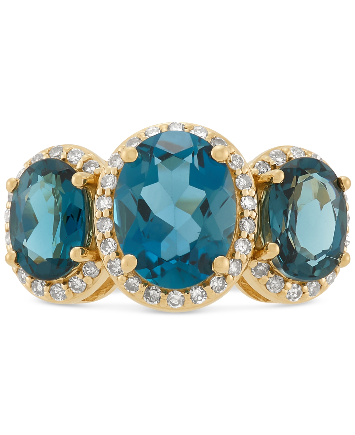 Macy's London Blue Topaz (4 Ct. T.w.) & Diamond (1/4 Ct. T.w.) Oval Trio Halo Ring In 10k Gold In London Blue Topaz