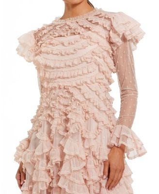 Women's Dot Net Double Ruffle Trim High Neck Ankle Dress