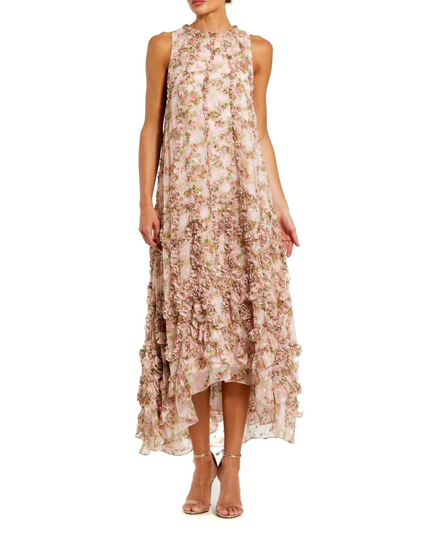 Женские платья Mac Duggal Sleeveless Floral Print Chiffon Micro Ruffle Gown, цвет: Розовый разноцветный — фото 4
