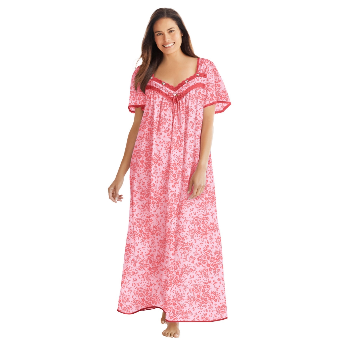 Only Necessities Plus Size Long Silky Lace-Trim Gown - Sweet coral flower