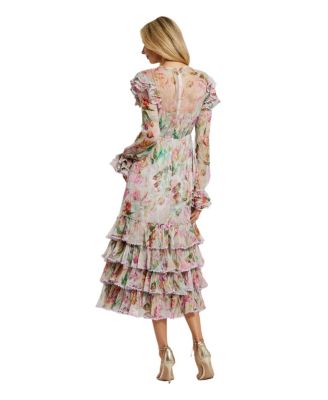 Women's Long Sleeve Tie Neck Ruffle Detail Floral Dress