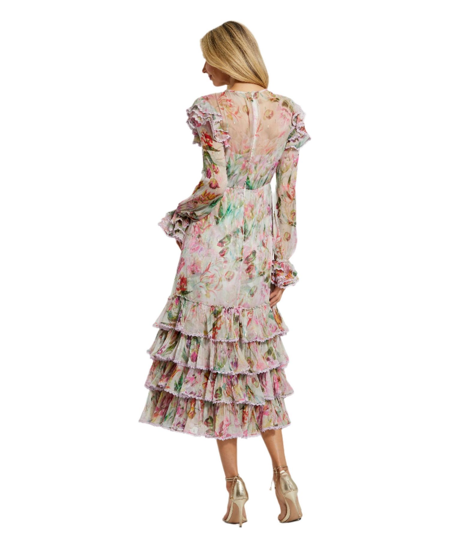 Women's Long Sleeve Tie Neck Ruffle Detail Floral Dress