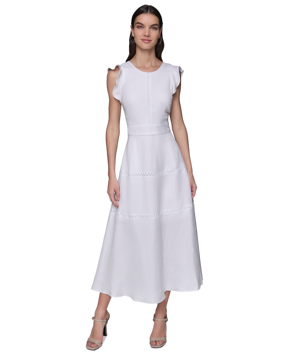 Shop Karl Lagerfeld Women's Lace-inset Flutter-sleeve Midi Dress In Soft White