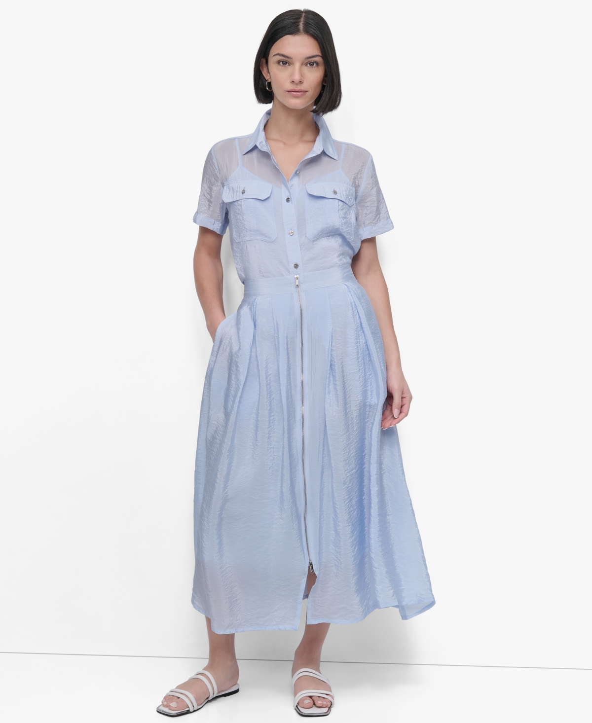 Shop Dkny Women's Zip-front Tech Midi Skirt In Skyway Blue