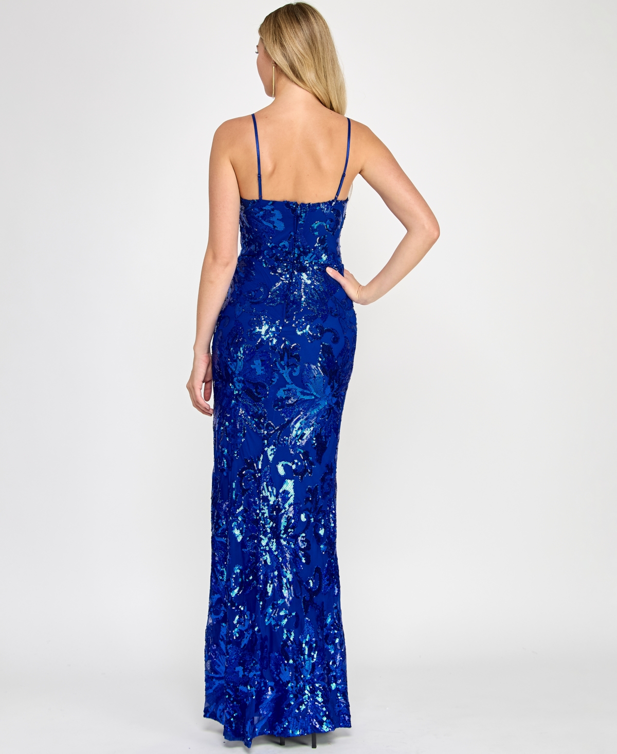 Crystal Doll Juniors' Floral Sequined Sleeveless Gown In Royal