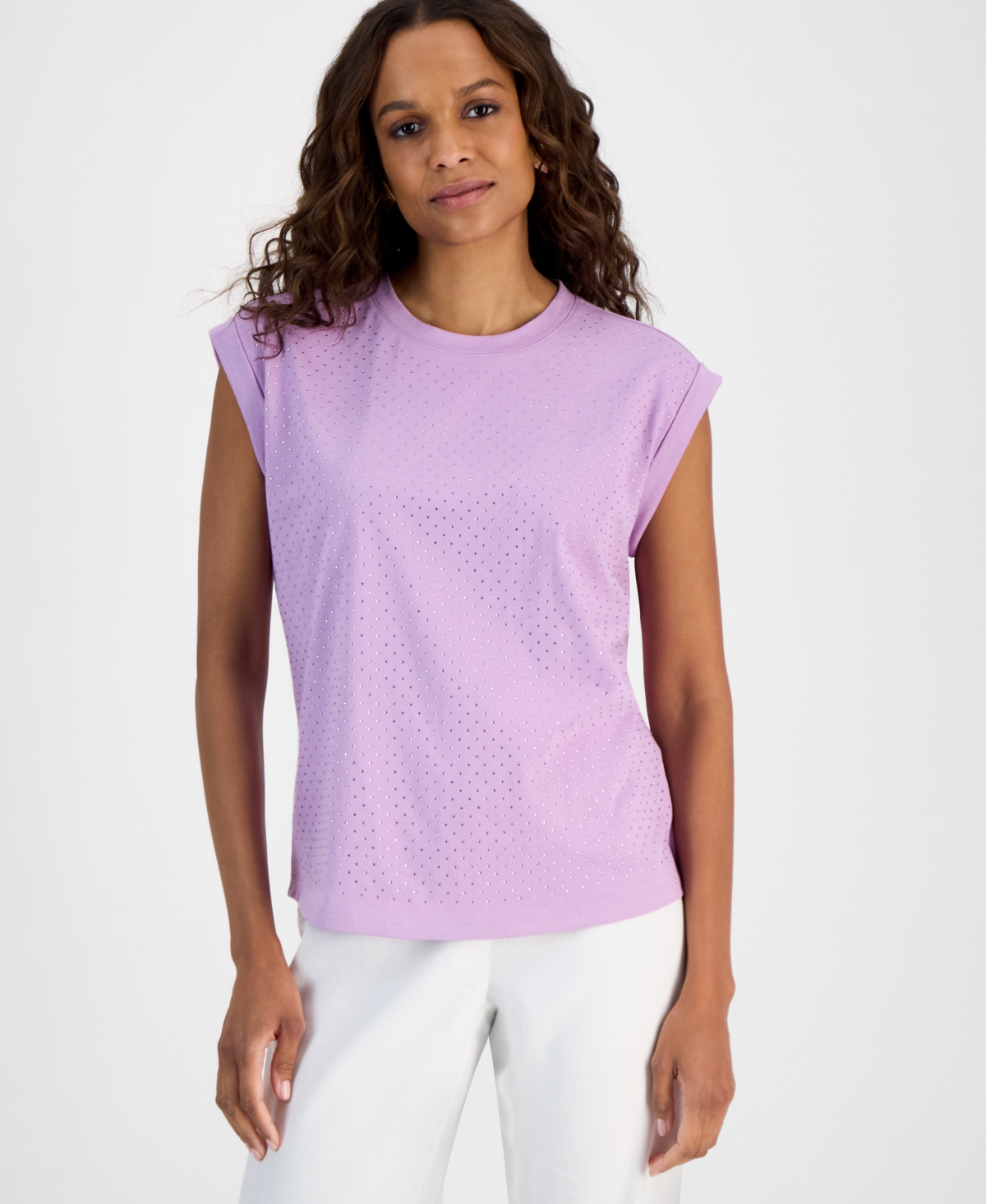 Inc International Concepts Petite Dew Drop Cotton Roll-sleeve Tee, Created For Macy's In Purple