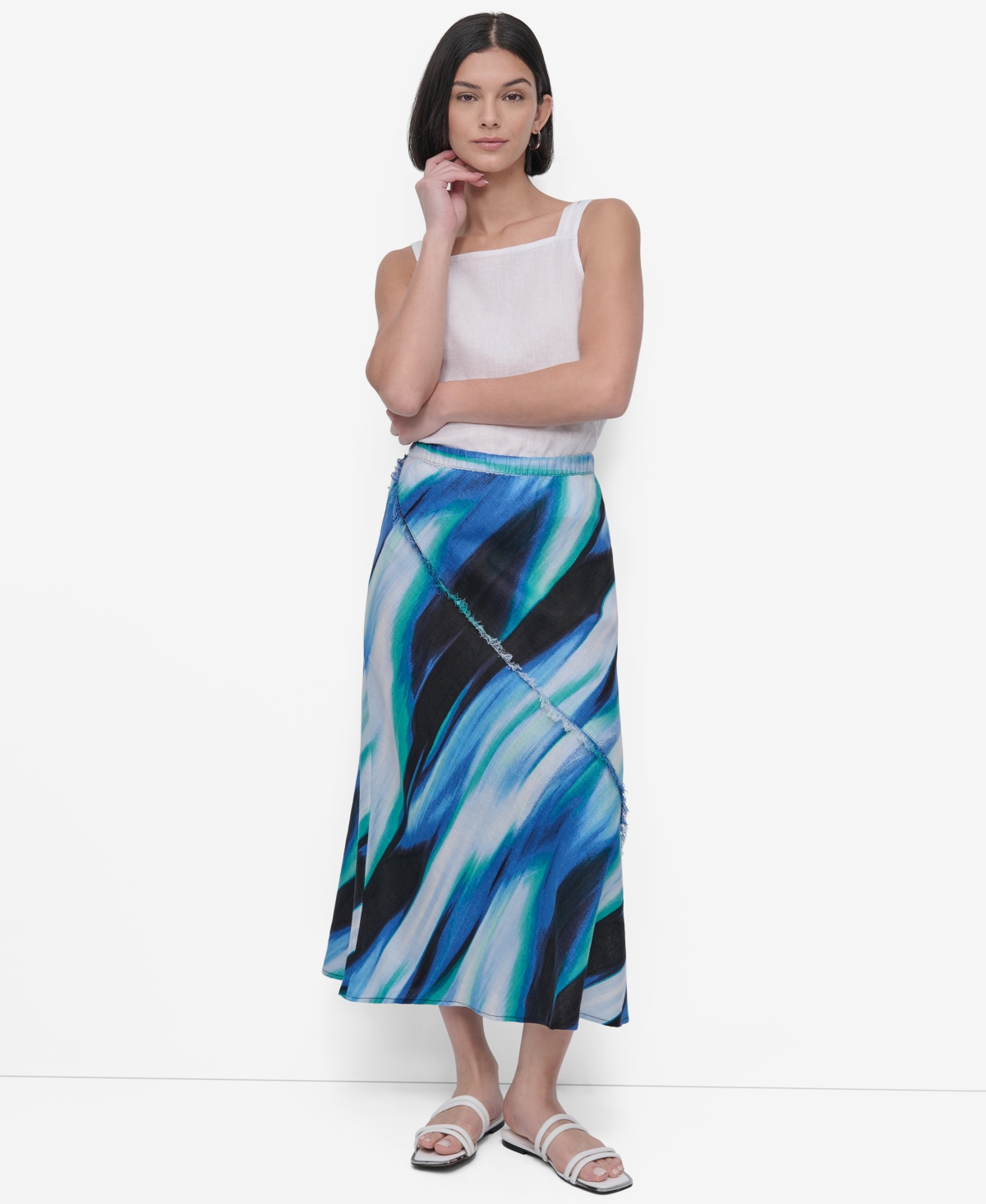 Shop Dkny Women's Printed Fringe-seam Midi Skirt In Caribbean Multi
