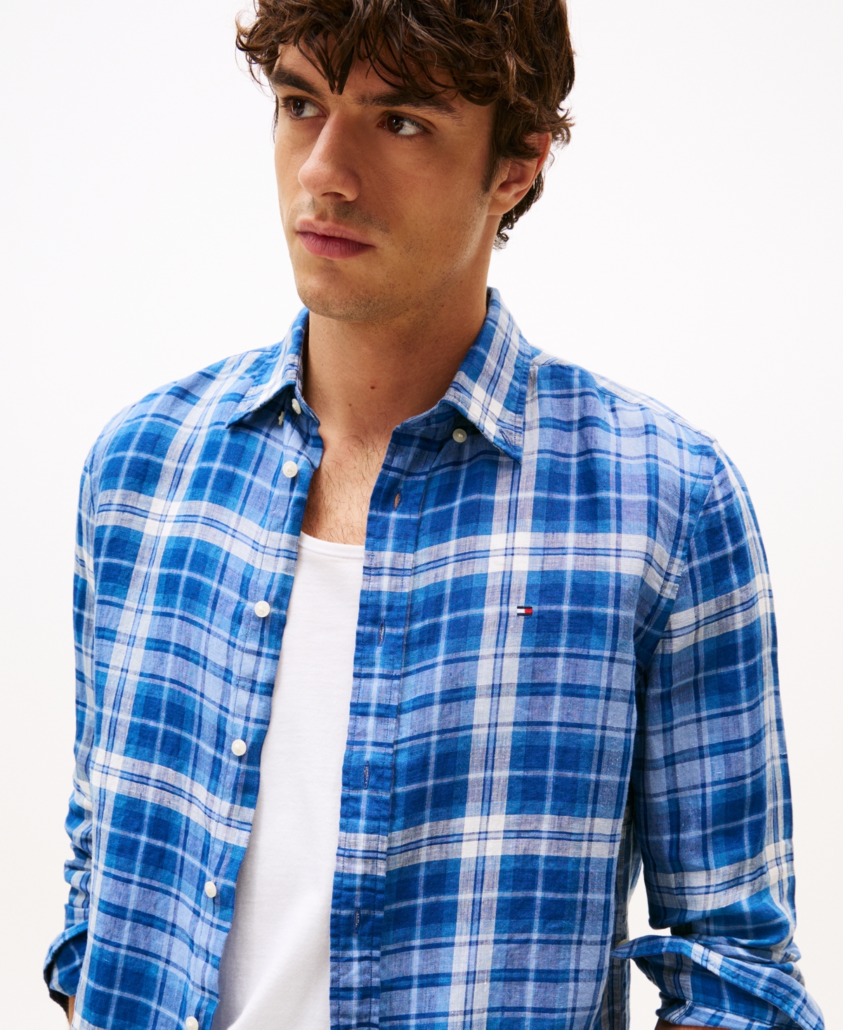 Tommy Hilfiger Regular Fit Check Print Linen Shirt In Night Sky,check