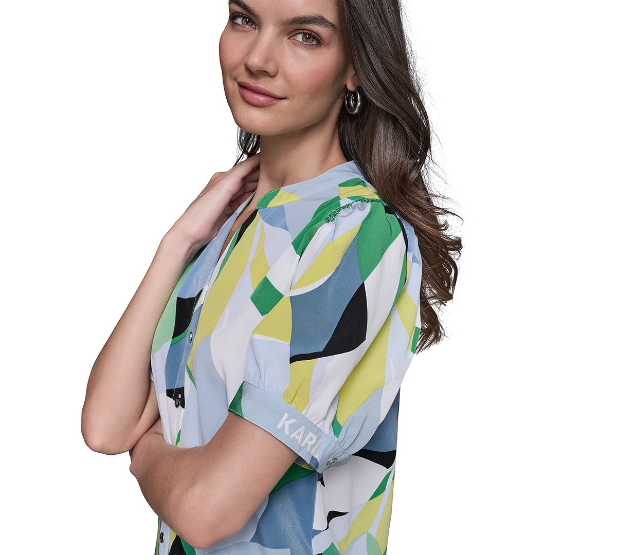 KARL LAGERFELD KARL LAGERFELD WOMEN'S PRINTED PUFF-SLEEVE BUTTON-FRONT TOP 