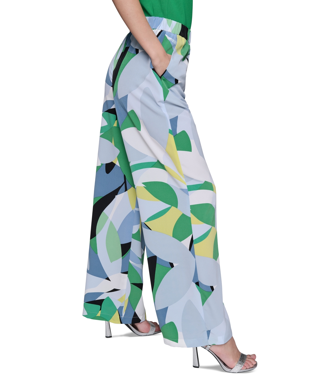 Shop Karl Lagerfeld Women's Geo-print Wide-leg Pants In Flore Green  Chambray