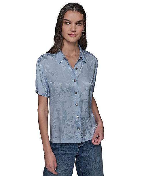 alfani KARL LAGERFELD PARIS Women's Short Sleeve Jacquard Button Front Top Women's Fashion Shoes & Accessories