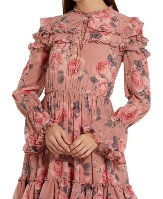 Women's Long Sleeve Lace Up Front Tiered Ruffle Dress