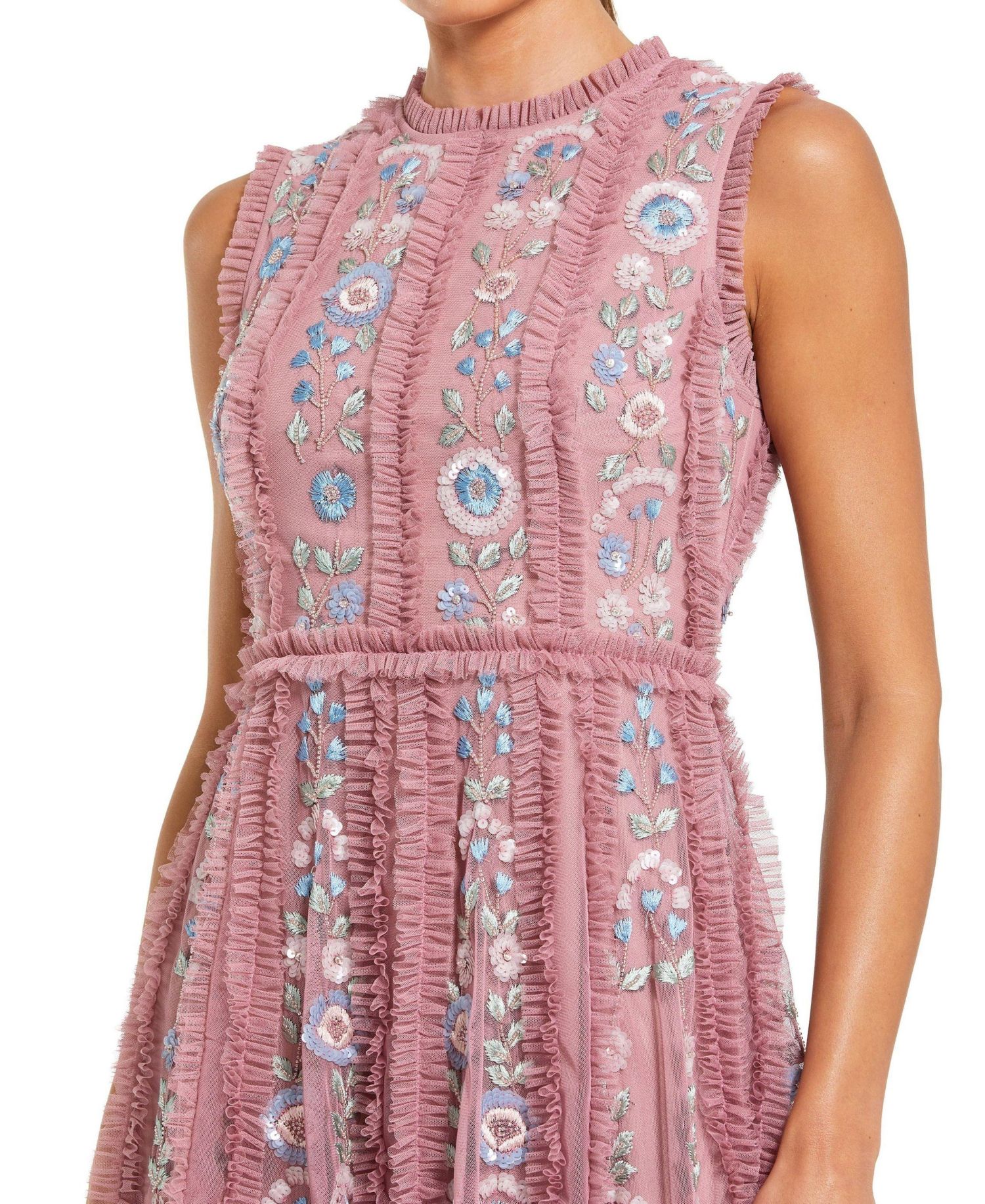 Women's Sleeveless High Neck Embroidered Mini Dress