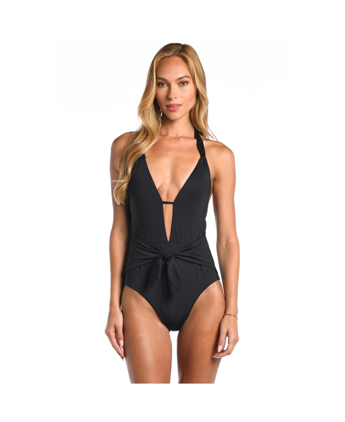 Women's One Piece Swimsuit Sunshine Solids V Plunge Halter - Black