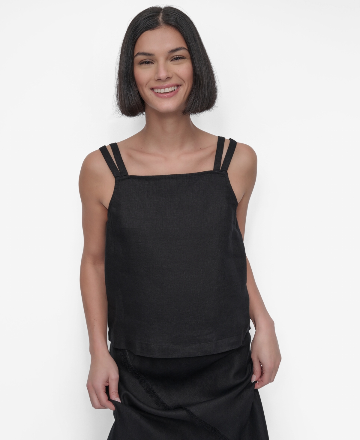 Shop Dkny Women's Linen Tie-strap Tank Top In Black