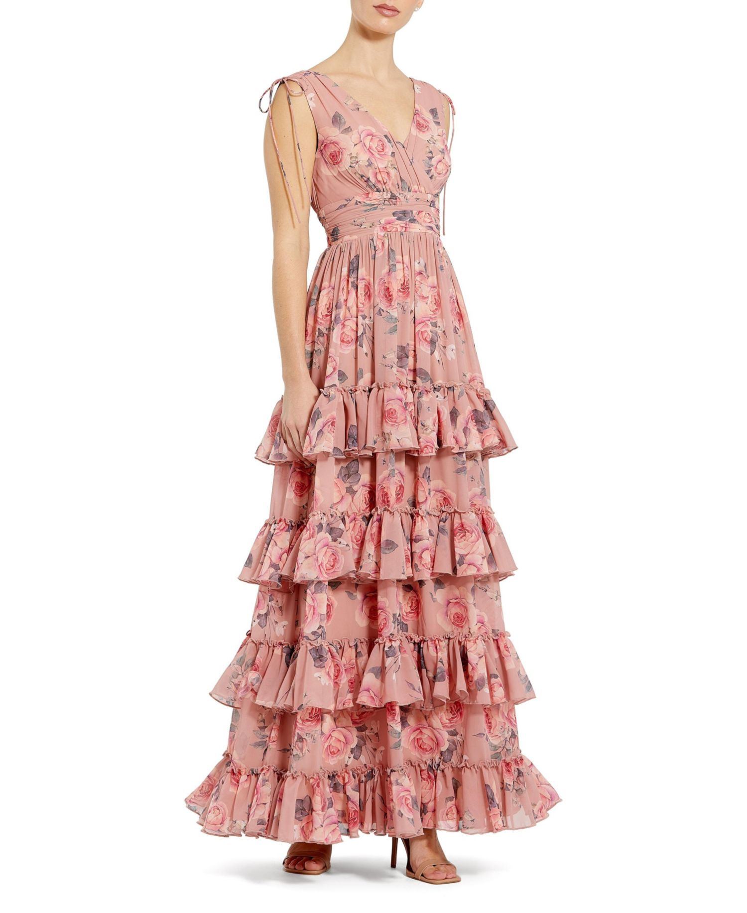 Women's Drawstring Shoulder Floral Chiffon Tiered Gown
